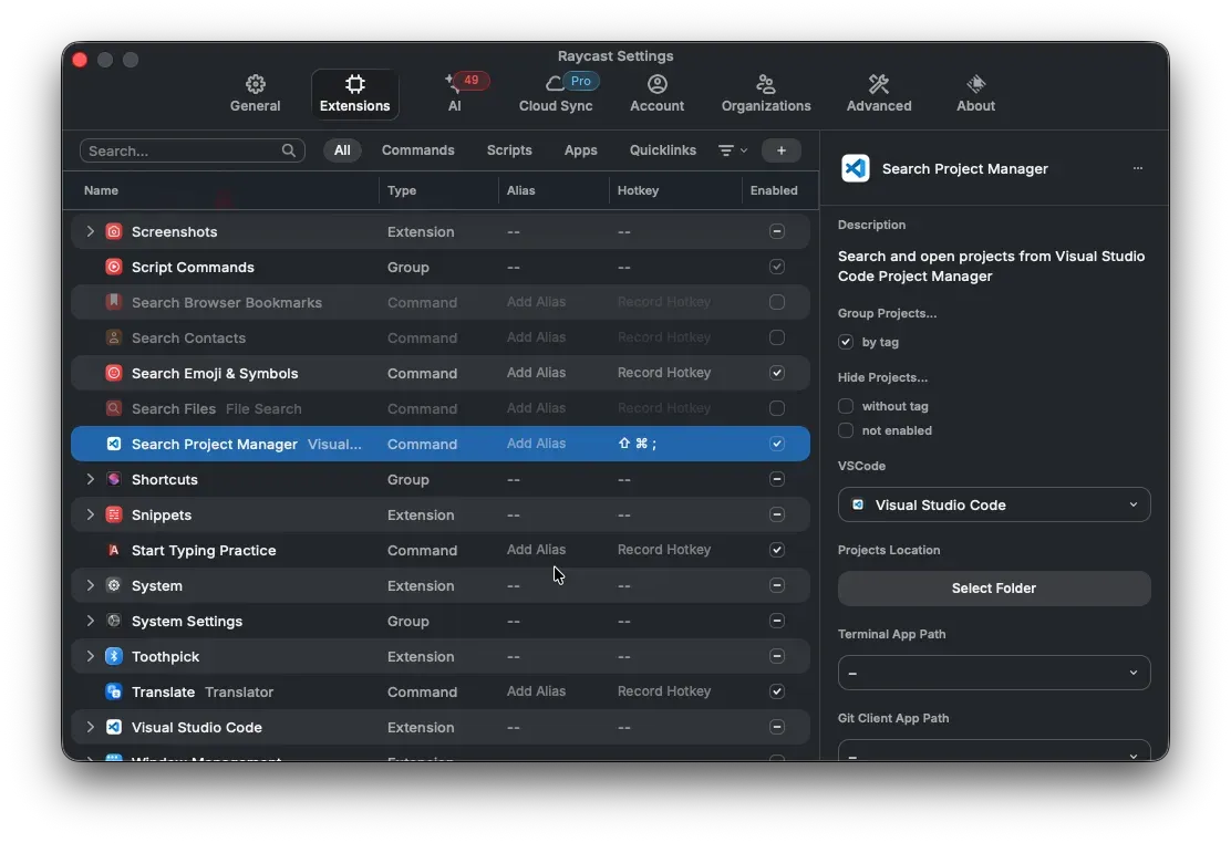 The Raycast shortcut settings screen